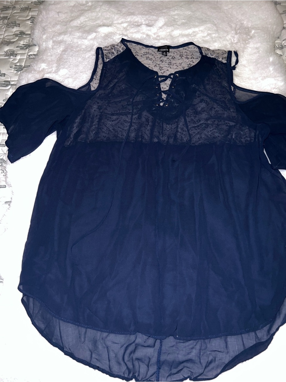 torrid Navy Lace Yoke Cold-Shoulder Lace-Up Blouse